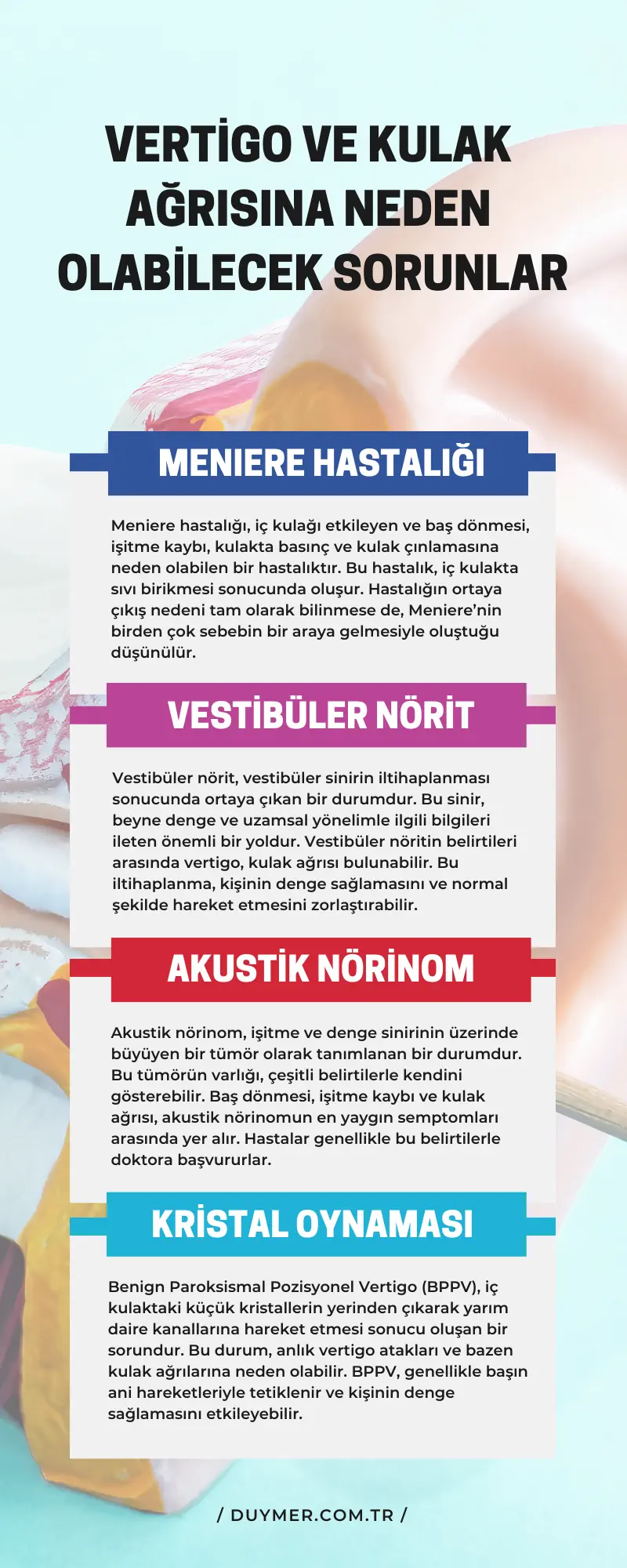 Vertigo ve kulak ağrısına neden olabilecek sorunlar infografik